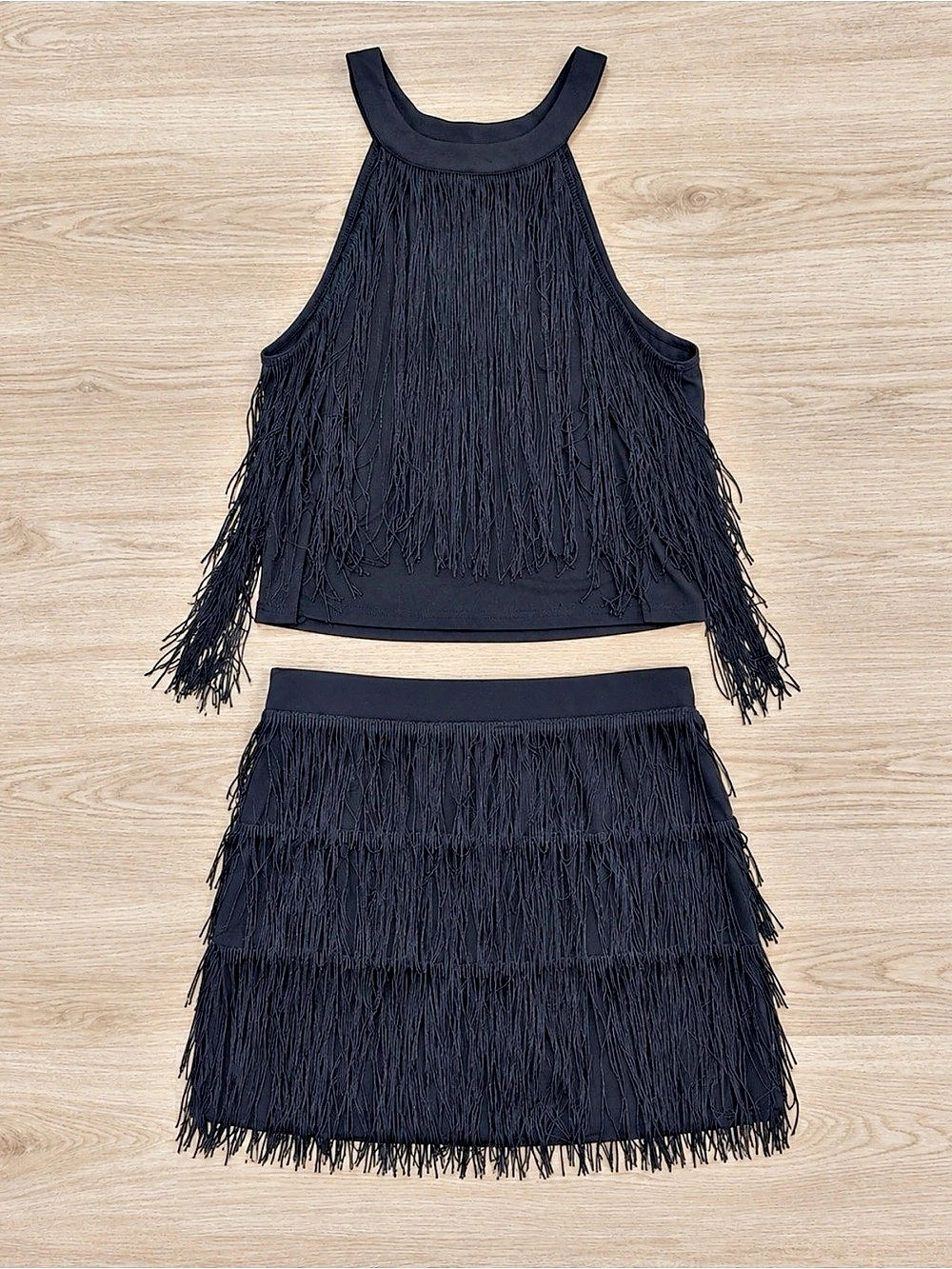 SHEIN Curve Fringe Hem Crop Halter Top & Skirt Set Black 2XL